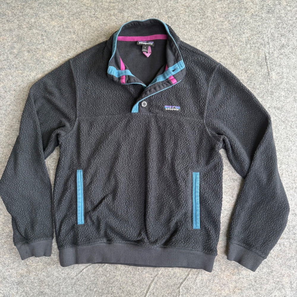 Patagonia Mens Shearling Button Pullover Grey Blue Pink S